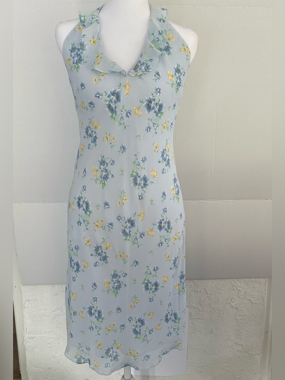 Ralph Lauren Light Blue Floral Halter Midi Dress with Yellow Accents